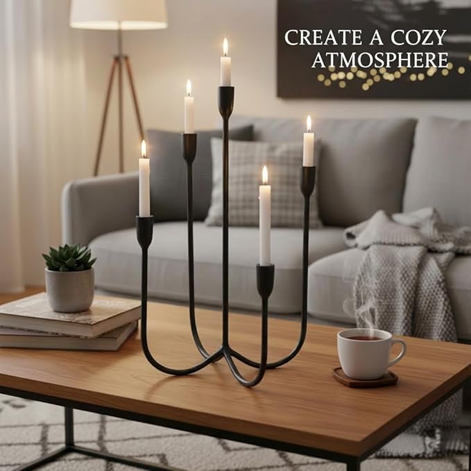 Candelabra for 5 Taper Candles – Hand-Forged Candle Holder with Elegant Vintage Finish – Decorative Centerpiece for Dining Room, Living Room or Mantel Decor（Black）