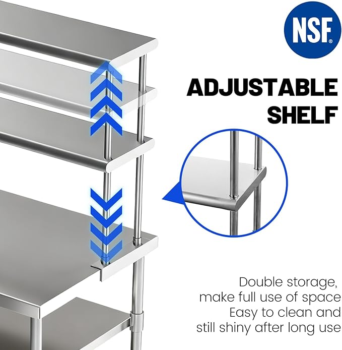 Hally Double Overshelf of Stainless Steel 12'' x 48'' Weight Capacity 380lb, Commercial 2 Tier Shelf for Prep & Work Table in Restaurant, Home and Kitchen