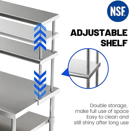 Hally Double Overshelf of Stainless Steel 12'' x 48'' Weight Capacity 380lb, Commercial 2 Tier Shelf for Prep & Work Table in Restaurant, Home and Kitchen