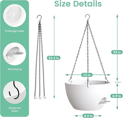 13 Inch 2 Pack Large Self Watering Hanging Planters for Indoor Outdoor Plants, Hanging Plant Pots with Removable 50 Oz Reservoir, Plastic Hanging Basket for Window Porch Garden, White