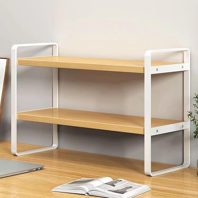 Hbluefat Desktop Organizer Shelf, 2-Tier Multipurpose Tabletop Storage Bookshelf, Small Wooden Countertop Storage Rack for Home Office Kitchen (Wood+White)