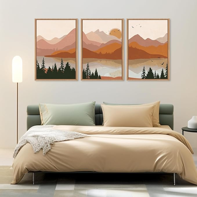 HLNIUC Boho Mountain Burnt Orange Wall Art Framed, Mid Century Modern Terracotta Wall Decor 24x36, Southwest Sunset 3 Piece Canvas Painting, Large Nature Picture for Living Room, Bedroom, Office