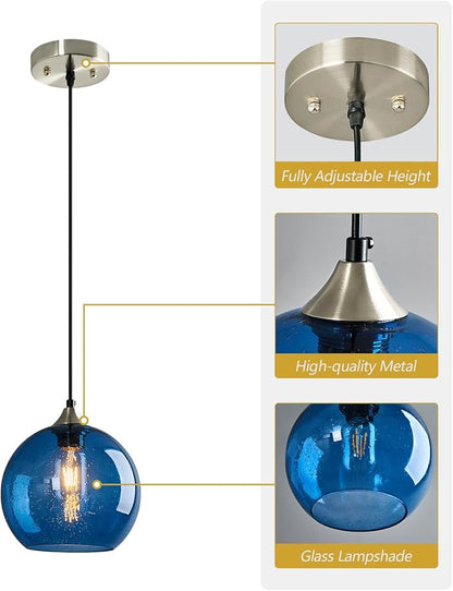 Blue Glass Pendant Lights Kitchen Island Lighting Globe Pendant Light Fixtures Modern Pendant Lighting for Kitchen Island Bedroom Living Dining Room Light Fixture(7.87in, 1-Pack)