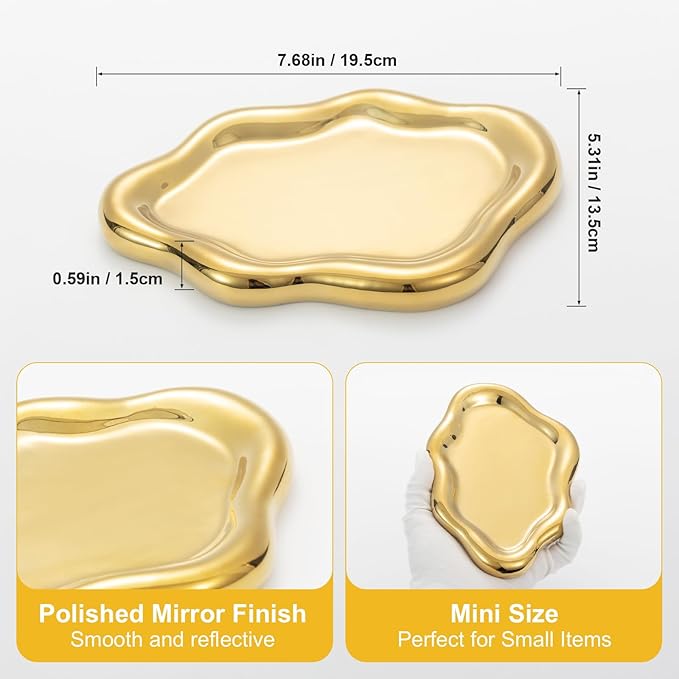 Gold Ceramic Cloud Jewelry Tray, Luxe Gold Electroplated Trinket Dish for Rings/Bracelets/Keys/Perfume, Elegant Cloud Shape Vanity Tray & Key Tray Organizer, Birthday/Mother’s Day/Valentine’s Gift