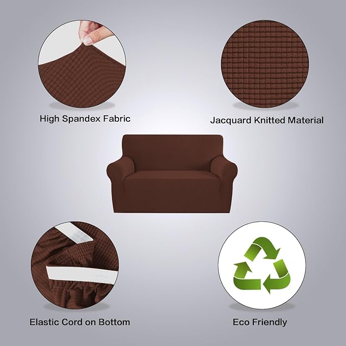 H.VERSAILTEX Stretch Couch Cover Loveseat Covers for 2 Cushion Couch Sofa Slipcover for Love Seat 1 Piece with Elastic Bottom, Checked Jacquard Fabric(Loveseat 58"-70" Wide, Burnt Brick)