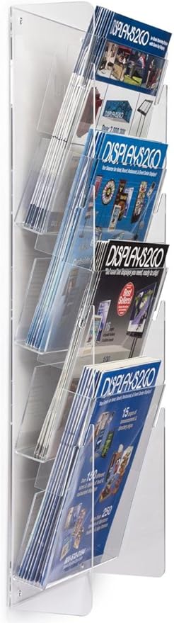Plastic Magazine Racks 9-1/2 x 27 x 2 Inch Clear Acrylic Literature Holders – Catalog Displays Include Four Tiered Pockets