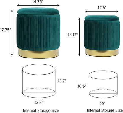 Round Ottoman with Storage Set of 2 Upholstered Velvet Vanity Stool for Living Room Storage Ottomans Multifunctional Foot Rest (Dark Green)