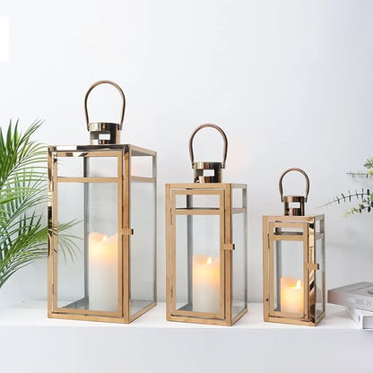 TRIROCKS Set of 3 Stainless Steel Candle Lantern 19'' High Metal Candle Holder with Clear Glass Panels Perfect for Home Decor Living Room Parties Events Tabletop Indoors Outdoors (Rose Gold)