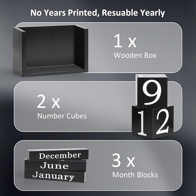 Wooden Block Calendar for Desk, Large Size Daily Desktop Perpetual Desk Calendar, Cute Date Display Desk Accessories for Home Office Decor, Teacher, Classroom, Reusable Yearly, Black