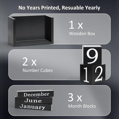 Wooden Block Calendar for Desk, Large Size Daily Desktop Perpetual Desk Calendar, Cute Date Display Desk Accessories for Home Office Decor, Teacher, Classroom, Reusable Yearly, Black