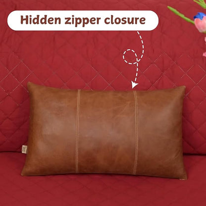 Genuine Lambskin Leather Pillow Cover, 16x24 Inch Case for Lumbar Throw Couch Pillows, Thick & Soft Cushion Covers for Sofa Bed Home Decor (Cognac Brown Plain Pack of 1)