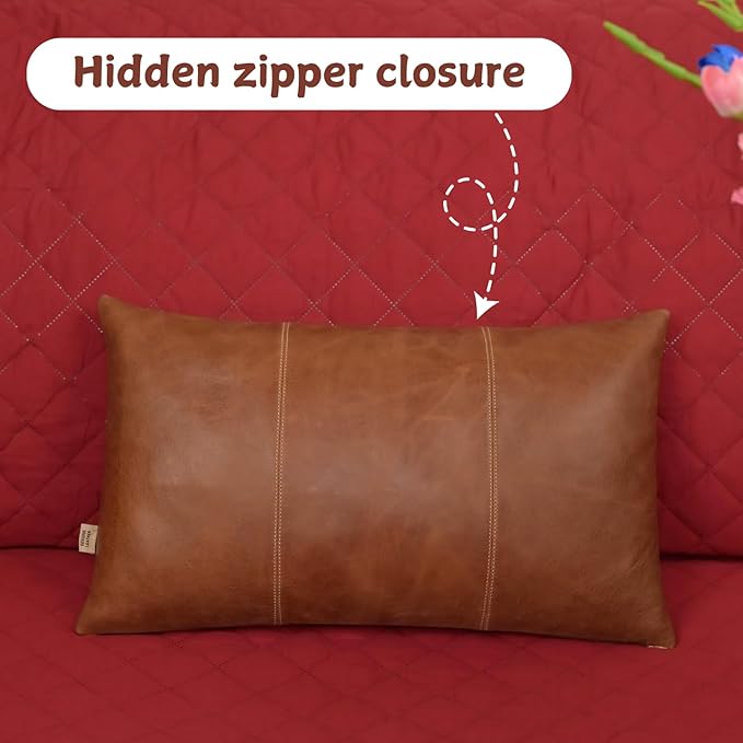 Genuine Lambskin Leather Pillow Cover, 12x20 Inch Case for Lumbar Throw Couch Pillows, Thick & Soft Cushion Covers for Sofa Bed Home Decor (Cognac Brown Plain Pack of 1)