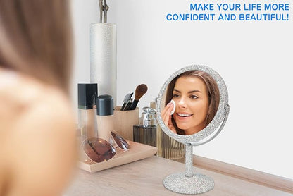 KEYPOWER Bling Rhinestone Makeup Vanity Mirror Round with Stand Double Side Cosmetic Glitter Movable Desk Bathroom Bedroom Tabletop(White)