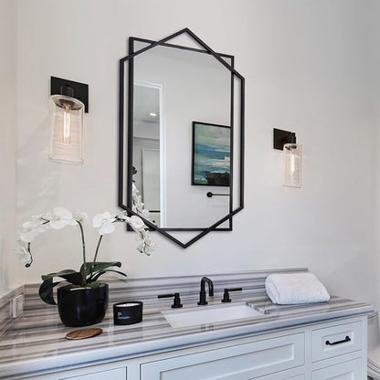 Black Bathroom Mirror, 20"x32" Decorative Mirror for Living Room with Hexagon and Rectangular Metal Frame, Entryway Mirror for Wall Decor, Vertical or Horizontal Hanging