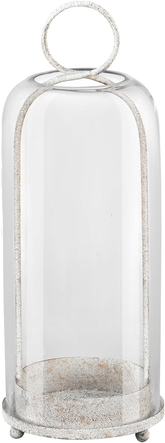 16" High Versatile Modern Metal Hurricane Lantern with Handmade Sturdy Glass Dome in Vintage White for Pillar Candle & Plants, Industrial, Farmhouse, Shabby Chic