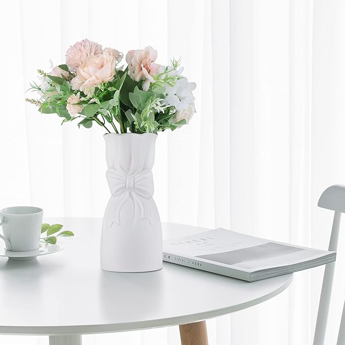 Frosted Porcelain Floral Handmade Vases,Frosted Ceramic vases,Geometric Ceramic Flower Vase for Modern Home Decoration and high-end Wedding,Matte Frosted Texture Bud Flower Vase (Bowknot Vase)