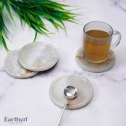 Marble Coasters Set of 4 Drink Coaster 4 Inches White Onyx Round Stone Coaster for Drinks, Mug, Glass, Ideal for Coffee Table Decor