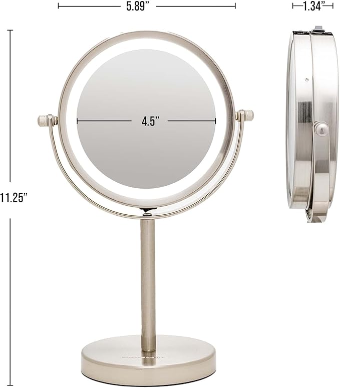 OVENTE 6" Lighted Makeup Mirror with 1X/7X Magnification, Cordless Tabletop Mount Vanity Round Mirror with 360° Swivel Design and Double Sided Cool Tone LED Ring Light, Nickel Brushed MLT60BR1X7X