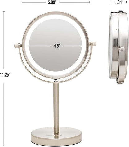 OVENTE 6" Lighted Makeup Mirror with 1X/7X Magnification, Cordless Tabletop Mount Vanity Round Mirror with 360° Swivel Design and Double Sided Cool Tone LED Ring Light, Nickel Brushed MLT60BR1X7X