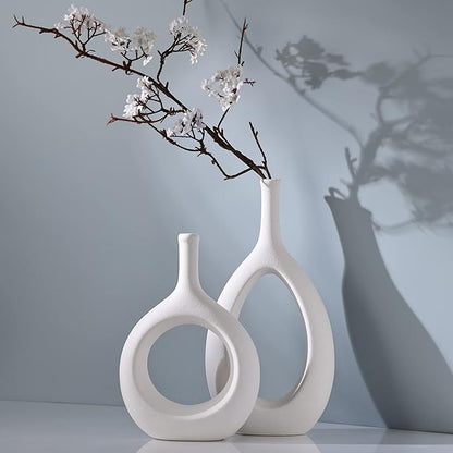 White Ceramic Hollow Elliptical Vase Set of 2 - Boho Circle Vase with Hole, for Modern White Table Decor, Living Room Decor Shelf mid Century Modern Home Entrance Decorative vase