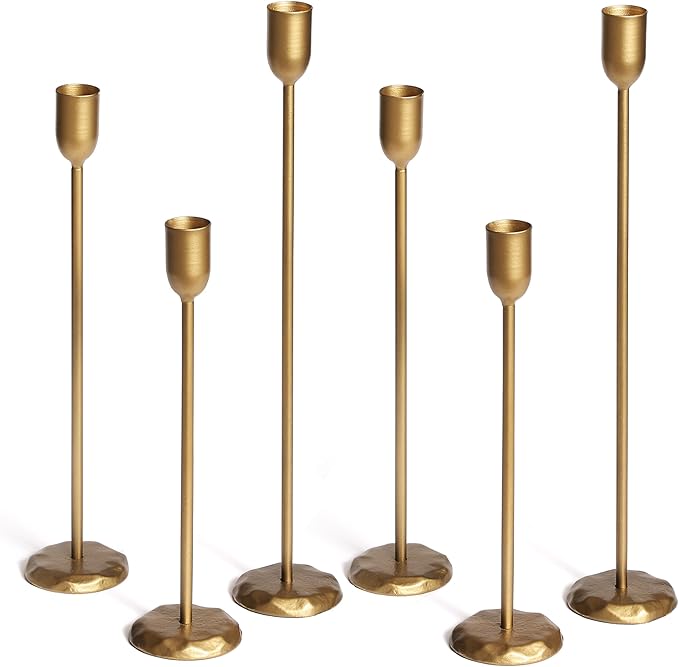 Perfnique Brass Candlestick Holders Set of 6 - Antique Gold Iron Candle Holders for Christmas, Birthday, Wedding, Party, Dining Table, Fireplace Mantel Decor (Gold)