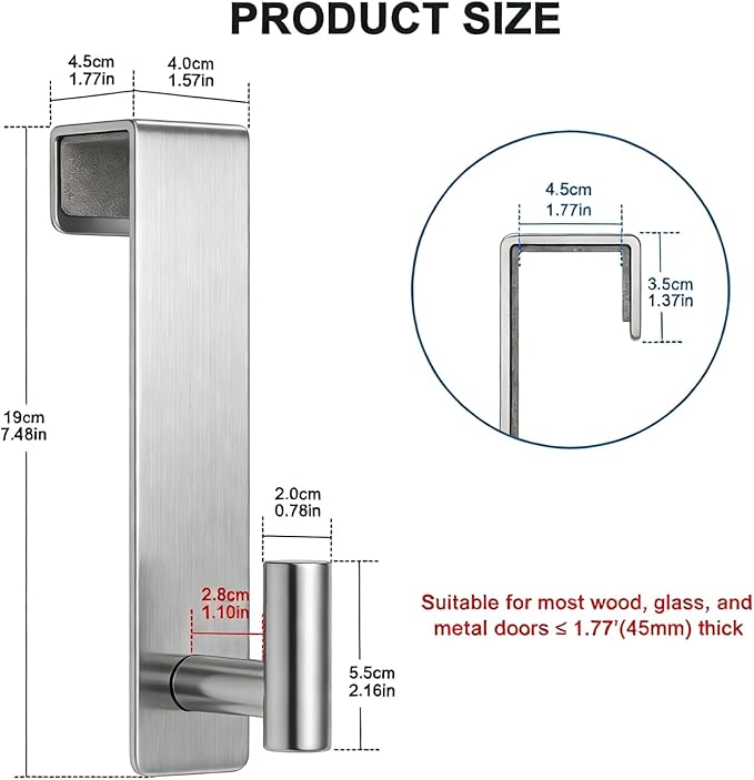 PMMASTO 2-Pack Over The Door Hooks - Rustproof Stainless Steel Door Hangers for 1-3/4 Inch Doors, Non-Marking and Tool-Free Easy Install (Silver, T Shape-Fits 1-3/4" Thick Door)