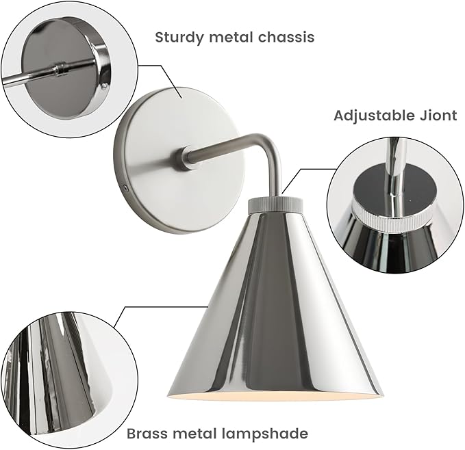 Retro Industrial Metal Cone Wall Light - Vintage Inspired Modern Silver Wall Sconce with Metal Shade, Wall Mount Lighting for Bedroom, Hallway, Living Room (10.5“W x 10.5" L x 12.5" H Silvery)