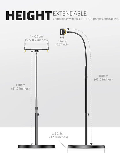 Lamicall Tablet Floor Stand Holder - Gooseneck Tablet Mount for Bed, 63" Adjustable Height & 10.6lb Stable Base, for 4.7-13" Tablets, iPad Pro 13/9.7, Air, Mini, Galaxy Tab, Kindle, Phones