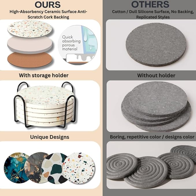Ceramic Absorbent Coasters Set of 6 with Holder, Marble Drink Coasters for Coffee Table, Water Absorbing Coaster (Porcelain)