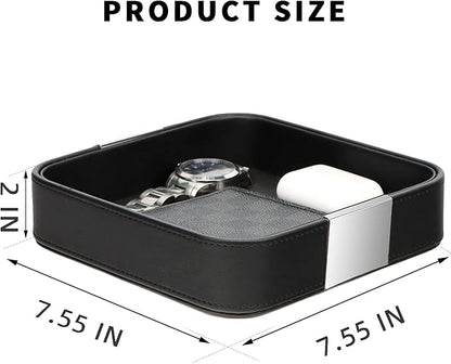 SANZIE Luxury Leather Desktop Storage Small Catchall Organizer Decorative Tray for Entryway Table to Hold Jewelry Watch Cosmetics Keys Phone Wallet, Home & Office Accessories (Metal Silvered, Black)