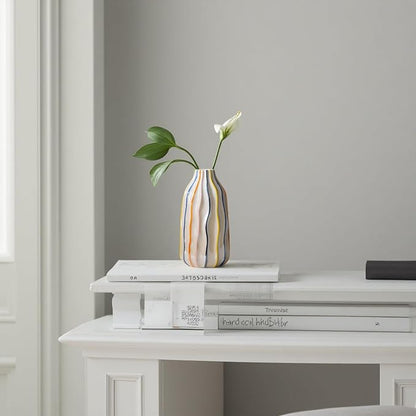 Handmade Beige Ceramic Vase with Colorful Stripes,Modern Boho Home Decor Centerpiece, Unique Holiday&Housewarming Present for Women (A)