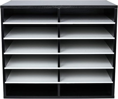EasyPAG Mail Organizer Countertop, Wood Literature Organizer, Student Classroom Mailbox for School, Desktop Paper Sorter for Office Home, 12 Compartments, Black/White