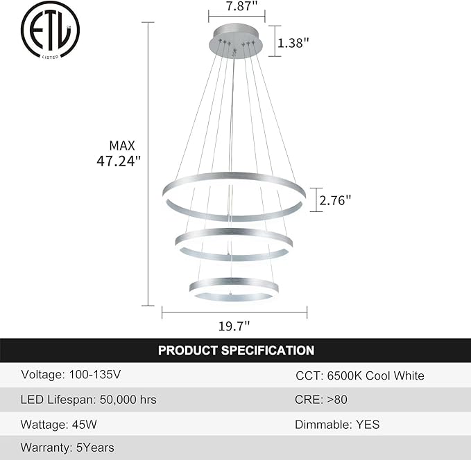 Buccleuch Modern LED Chandelier - Dimmable 19.7" Silver Round Pendant Light, Height Adjustable UL-Certified Ceiling Light for Dining Room, Kitchen Island, Living Room, Bedroom, Foyer
