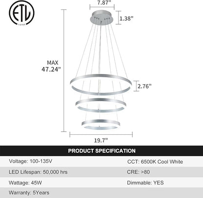 Buccleuch Modern LED Chandelier - Dimmable 19.7" Silver Round Pendant Light, Height Adjustable UL-Certified Ceiling Light for Dining Room, Kitchen Island, Living Room, Bedroom, Foyer