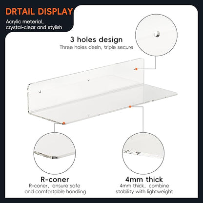 HANGE 4-Pack Clear Acrylic Floating Shelves, 12" Invisible Wall Mounted Shelves – Space-Saving Storage for Kids’ Books, Bathroom, Bedroom, Kitchen, Living Room – Modern Display Organizer