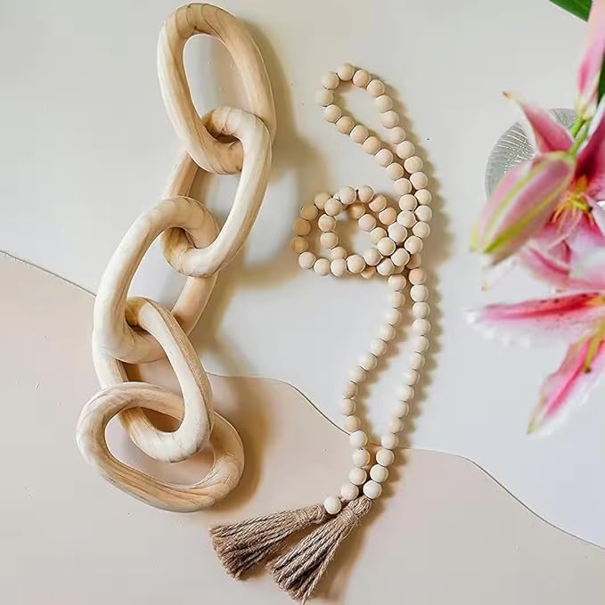 Hand-Carved Wood Chain, Natural Wood, Modern Farmhouse Decor