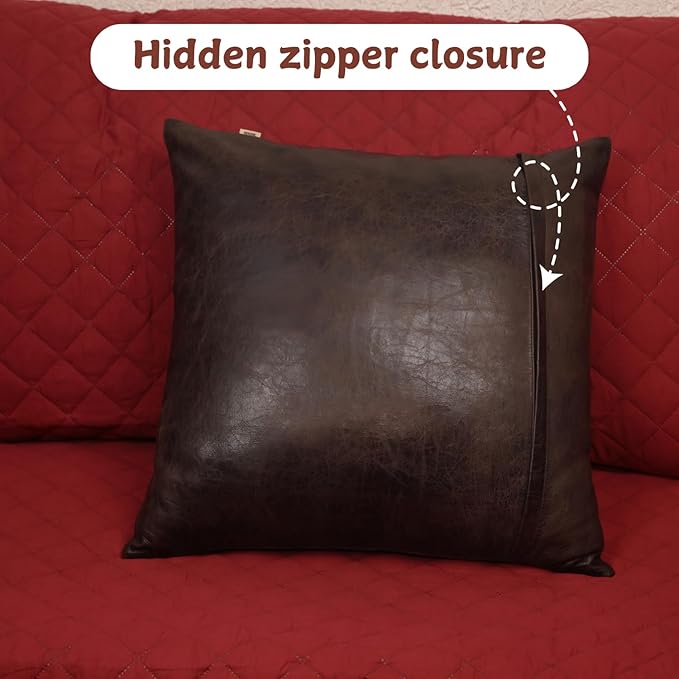 Lambskin Leather Pillow Cover - Sofa Cushion Case - Decorative Throw Covers for Living Room & Bedroom, 16x16 Inches - Dark Brown Crunch Plain Pack of 2