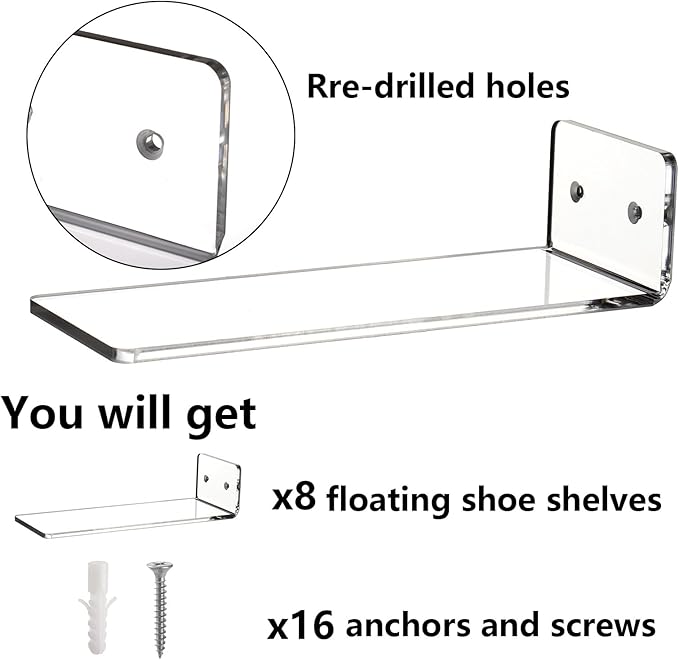 Youeon 8 Pack Floating Shoe Display Shelf, 8 x 3 Inch Acrylic Shoe Shelf for Wall, Floating Sneaker Shelves, Hanging Shoe Shelves for Bedroom, Gaming Room, Sneaker Collection, Easy to Install
