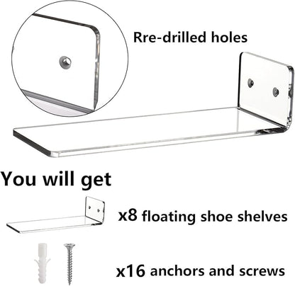 Youeon 8 Pack Floating Shoe Display Shelf, 8 x 3 Inch Acrylic Shoe Shelf for Wall, Floating Sneaker Shelves, Hanging Shoe Shelves for Bedroom, Gaming Room, Sneaker Collection, Easy to Install