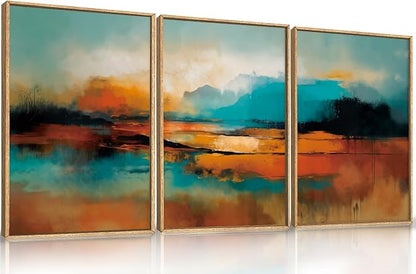 Large Abstract Burnt Orange Framed Canvas Wall Art,Neutral Blue and Black Wall Decor,Modern Brush Stroke Artwork,Minimalist Watercolor Art Print for Living Room,Bedroom,Office- 16"x24"x3