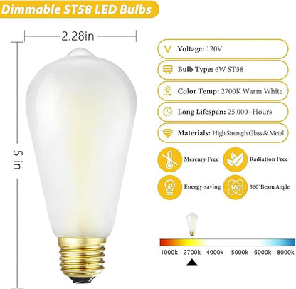 E26 Frosted LED Edison Bulbs, 6W Equivalent 60W, Warm White 2700K,600LM,AC120V, ST58 Dimmable Antique LED Filament Bulbs with 90+ CRI,Pack of 6 (6W=60W Warm White)