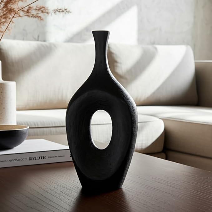 Decorative Flower Vase for Home Decor – Tall Ceramic Vase with Open Cut Design, Stylish Table Centerpiece for Living Room or Entry Display, Modern Accent for Faux Flowers and Greenery – 19", Black