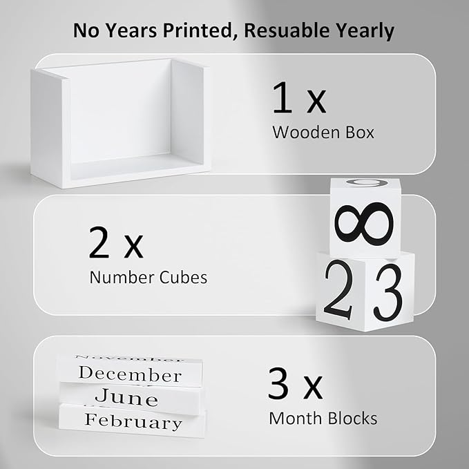 Wooden Block Calendar for Desk, Large Size Daily Desktop Perpetual Desk Calendar, Cute Date Display Desk Accessories for Home Office Decor, Teacher, Classroom, Reusable Yearly, White
