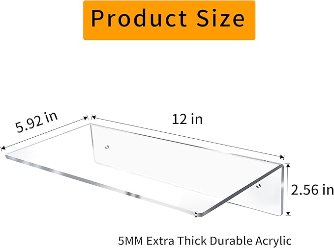 Jansburg 12 Inch L-Shaped Acrylic Floating Shelf Clear Wall Mounted Shelves Invisible 5MM Thick Shelf for Wall Storage Clear Shelves for Makeup Photo Picture Book Record Display 3 Pack