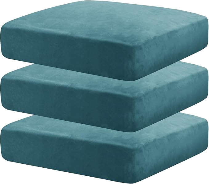 MAXIJIN Velvet Stretch Seat Cushion Covers Couch Cushion Cover for Individual Cushions Sofa Seat Cushion Slipcovers with Elastic Bottom (3 Piece XL Sofa Cushion Covers, Peacock Blue)