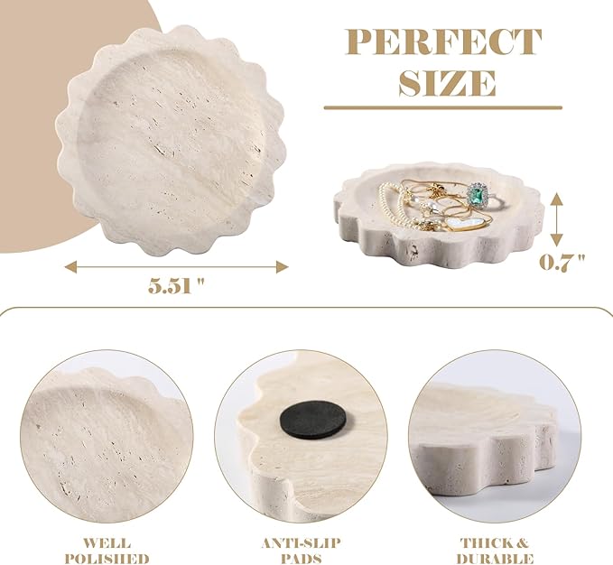 Koville 5.51" Travertine Tray, Round Stone Jewelry Dish for Ring Necklace Earring Perfume, Natural Marble Tray for Countertop Bathroom Kitchen Dresser, Beige Decorative Tray