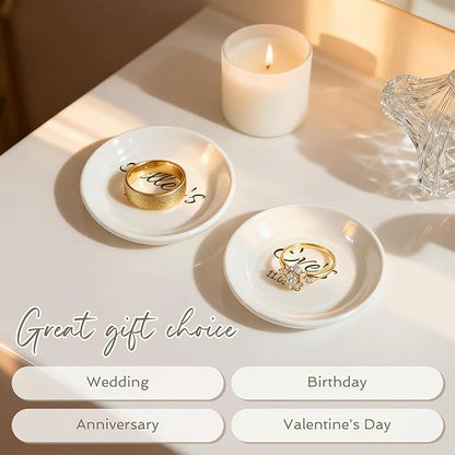 Personalized Mr and Mrs Ring Dish, Custom Ceramic Jewelry Dish, Holder Ring Holder for Friends,Birthday Mother's Day Christmas New Year Gift, Engrave Names, Dates or Special Messages 2.6 Inches, 2PCS