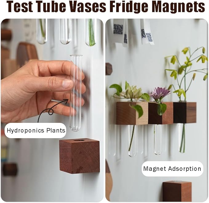Test Tube Vases Fridge Magnets,Magnetic Wooden Wall Planter Vases Fridge Decor,Cute Test Mini Flower Vase for Hydroponics Plants Flower Display Home Decoration,2 Pieces