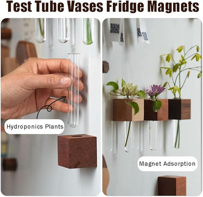 Test Tube Vases Fridge Magnets,Magnetic Wooden Wall Planter Vases Fridge Decor,Cute Test Mini Flower Vase for Hydroponics Plants Flower Display Home Decoration,2 Pieces