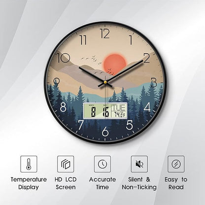 Silent Wall Clock with Day Week Temperature Wilderness with Sunset Non-ticking Battery Operated Large Digital Modern Clocks Display with Calendar and Date for Kitchen Farmhouse Bathroom Office 14 Inch